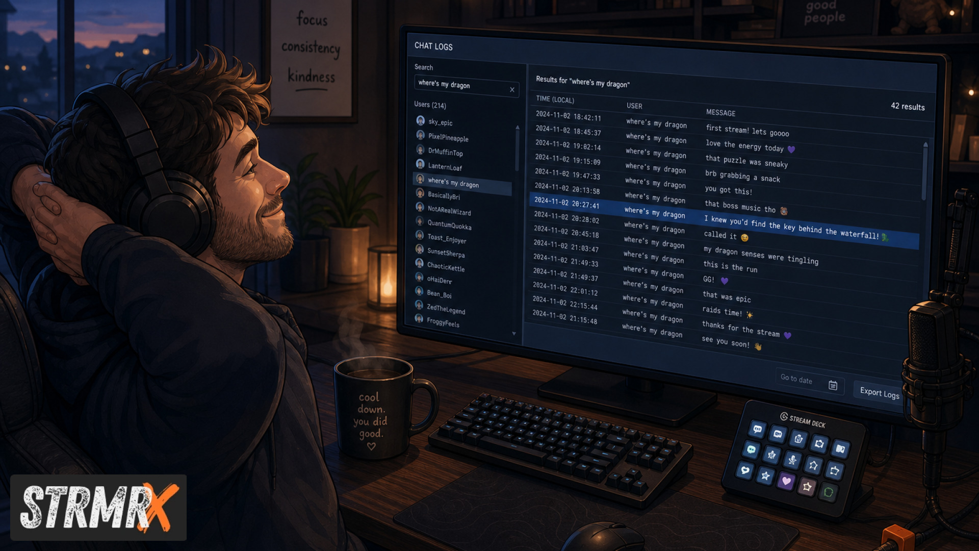 Streamer reviewing searchable Twitch chat logs on a browser overlay